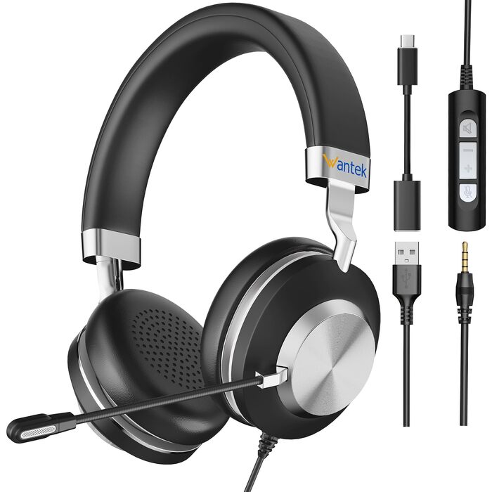 Бездротова гарнітура Wantek з мікрофоном та зарядною станцією, Bluetooth-навушники з USB-адаптером для кол-центру, ПК, ноутбука, Zoom, Skype (чорний)