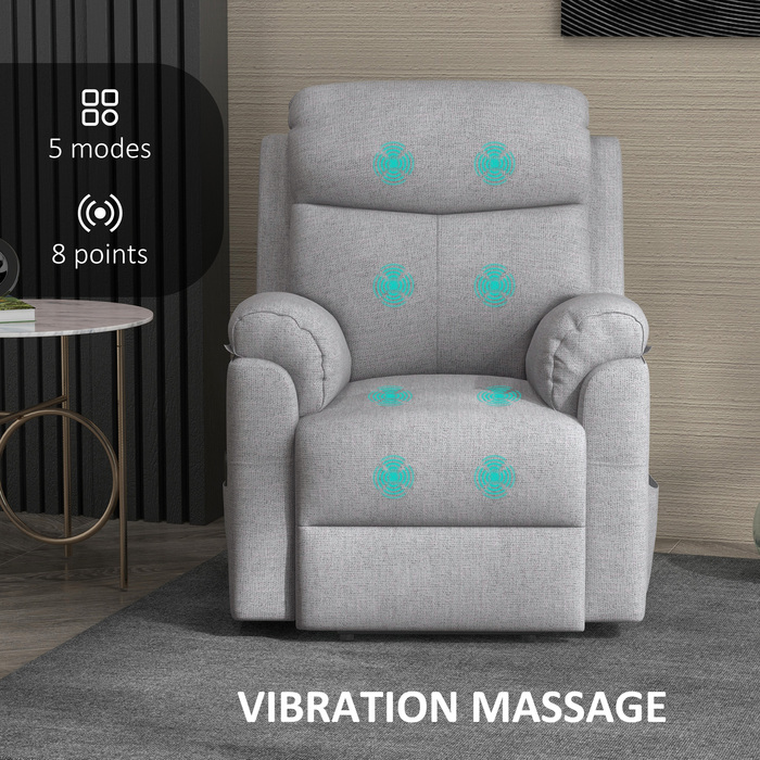 Реклайнер для телевізора HOMCOM Recliner Electric з допоміжним засобом стоячи, 5 режимів масажу, функція відкидання, масажне крісло з підніжкою, білизняний вигляд, бічна кишеня та пульт дистанційного керування, для вітальні, сірий