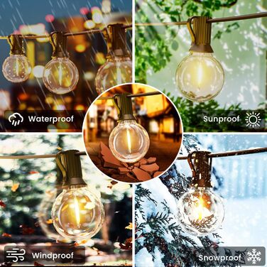 Світлодіодна гірлянда для вулиці Lichterkette 60м, G40 LED, диммування, водонепроникність IP45, 104 пластикові лампочки, 2700K тепле біле світло, для декору саду, тераси, вечірки (2x30м, з пультом)