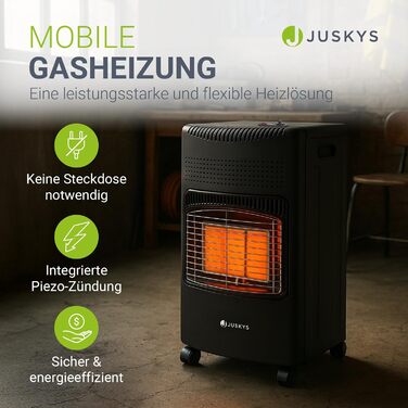 Газовий обігрівач техніка Juskys Keramik GS42US чорного кольору - 4200 Вт з регулятором тиску та шлангом. Мобільний, ефективний та енергозберігаючий газовий нагрівач/піч/прилад. (Газовий балон не входить у комплект)