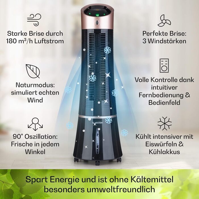 Мобільний охолоджувач повітря Klarstein Skyscraper Ice 5-в-1: водяне охолодження, зволожувач, вентилятор, очищувач, нічний режим, 6 л, 45 Вт, 180 м³/год, чорний