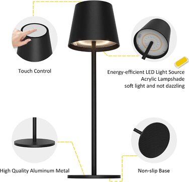 K-Bright LED акумуляторна настільна лампа, димована, бездротова, тепле світло 3000K+RGB, USB-C, алюміній, IP54, чорна, 2 шт.