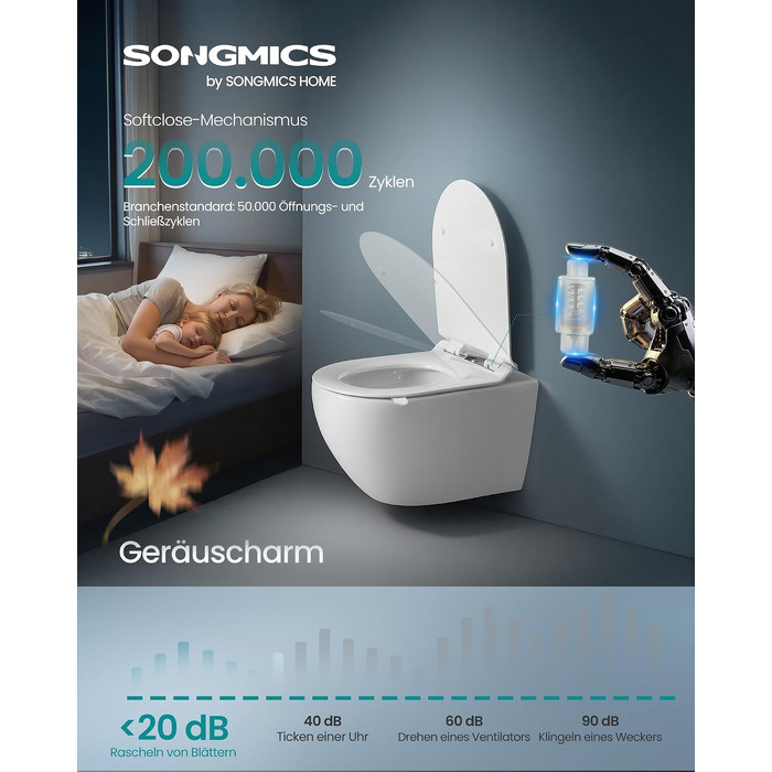 Кришка для унітазу SONGMICS з мікроліфтом (м'яким закриванням), Urea-Duroplast, D-подібна подовжена, біла, витримує до 300 кг, зі швидким монтажем