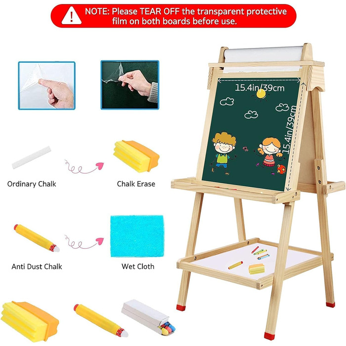 Дитячий двосторонній мольберт із рулоном паперу, whiteboard та грифельною дошкою, дерев'яний, регульований за висотою, бронзовий