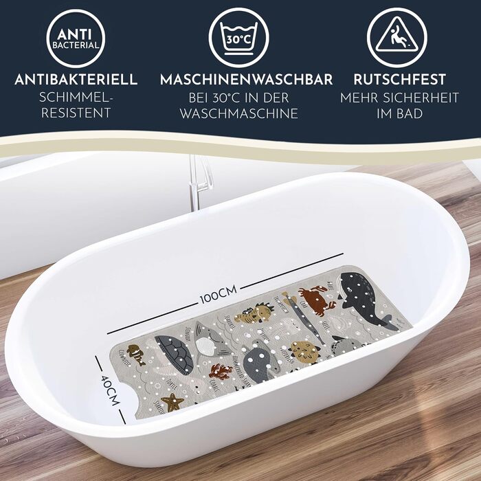 Дитячий килимок для ванни Homerella, антиковзний, BPA Free, 100x40 см, із 2 гачками, для чутливої шкіри, стійкий до плісняви, миється, колір Greige Underwater Abc