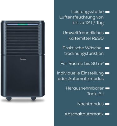 Повітряний осушувач Beurer LE 150 електричний, 12 л/добу, для приміщень до 30 м², з автоматичним режимом та функцією сушіння білизни, тихий нічний режим, проти цвілі та запахів, резервуар 2л
