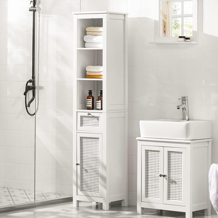 SoBuy BZR36-W Високий шафа для ванної з ґратчастим фасадом, білий, з 3 відкритими полицями, 1 шухлядою та 1 дверцятами, 35x161x32 см