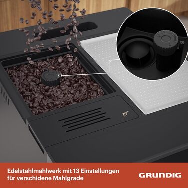 Кавомашина автоматична Grundig KVA 6230, 19 бар, сталева кавомолка (13 ступенів), капучинатор, підігрів чашок, чорний/сріблястий