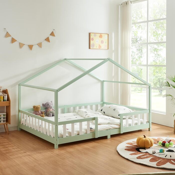 Дерев'яне ліжко для дітей Treviolo з захистом від падіння, Montessori, 140x200 см, сосна, колір дерева (м'ятний/білий)