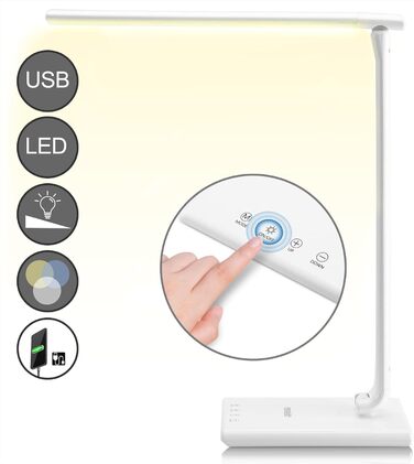 Світлодіодна настільна лампа Monzana з USB, 3 кольори, 5 рівнів яскравості, сенсорне керування, димування, функція зарядки, для офісу та спальні, тепле світло, біла