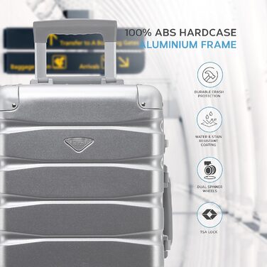 Преміум валіза Flight Knight 56x45x25 см, 8 коліс, алюмінієва рама, ABS, замок, срібляста, ручна поклажа та багаж для подорожей, міцна, для понад 100 авіаліній