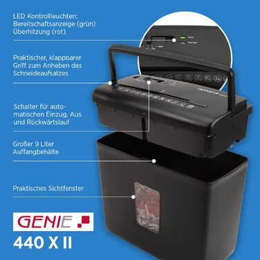 Шредер Genie 440 X II: безпечне знищення документів P4, автоматичний старт/стоп, об'єм кошика 9L, чорний | Для дому та офісу