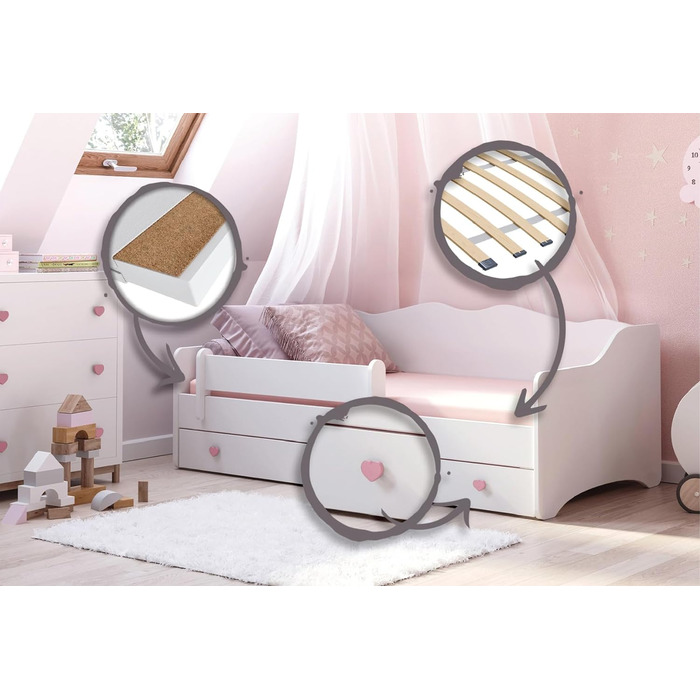 Дитяче ліжко Kids Collective 80x160 см з висувним ліжком і двома матрацами, захист від падіння, трансформер, біло-рожеве, для дівчаток, принцеса, диван-ліжко