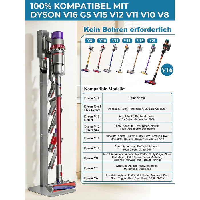Металевий стійка-тримач JUPELI для пилососів Dyson V16, Gen5, V15, V12, V11, V10, V8, V7, V6 — підставка для зберігання пилососа та аксесуарів, без свердління (Сріблястий)