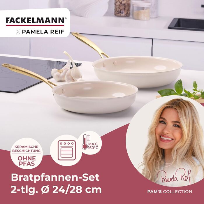 Набір сковорідок FACKELMANN x Pamela Reif 3 шт. (20-24-28 см) з екологічного алюмінію, бежевий, з керамічним покриттям без PFAS, стійкий до 160°C, для всіх плит