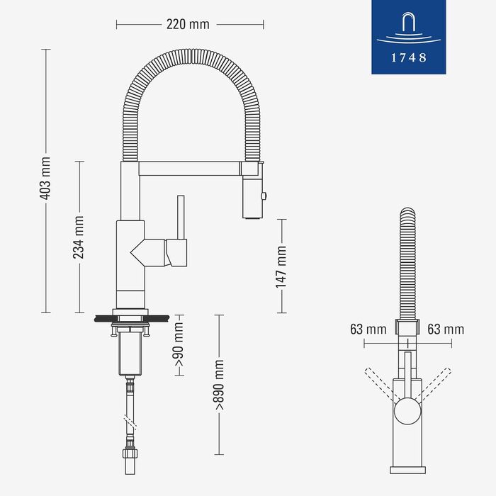 Змішувач кухонний Villeroy & Boch Steel Expert Compact, нержавіюча сталь, з висувним гусаком та перемикачем режимів, для мийки, економія води