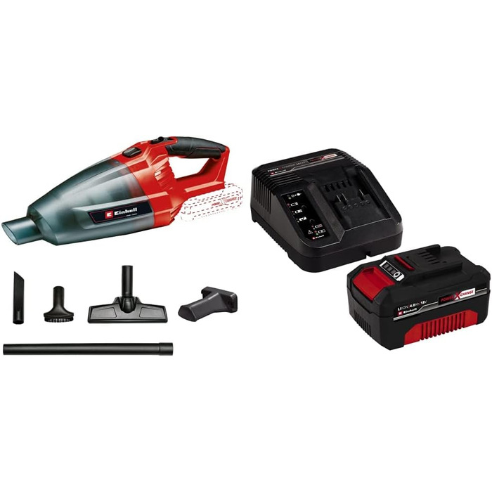 Акумуляторний ручний пилосос Einhell TE-VC 18 Li Power X-Change, 540 мл, Li-Ion, 3 насадки, подовжувач, настінне кріплення, акумулятор 4,0 А·год та зарядний пристрій