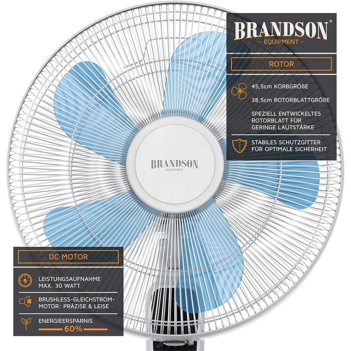 Підлоговий вентилятор Brandson DC Silent з дистанційним керуванням, LED-дисплеєм, 24 швидкостями, тихий, енергоощадний, регульована висота, нахил голови, 80° осциляція, білий