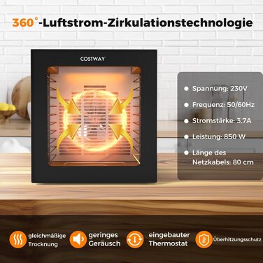 Сушарка для овочів, фруктів та м'яса COSTWAY 850W з 10 лотками з нержавіючої сталі, 10 програмами та таймером 48 год.