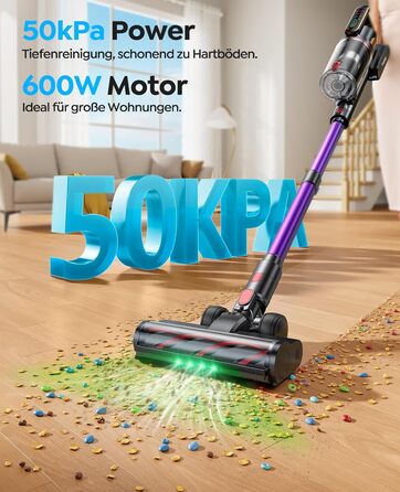 Акумуляторний пилосос Fieety 600W/50kPa, 65хв, з турбощіткою для шерсті, насадкою для авто, док-станція, 8-шарова фільтрація, тихий