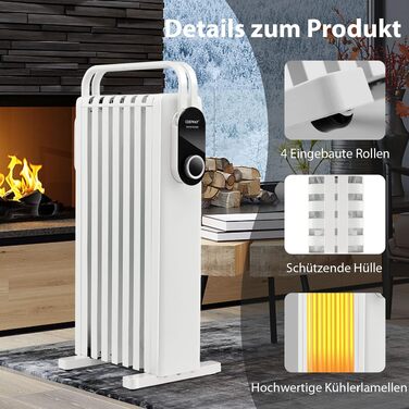 Електричний масляний радіатор COSTWAY 1500W, 7 секцій, регулювання температури 5-35℃, 3 режими потужності, мобільний обігрівач з колесами та захистом від перегріву, Білий
