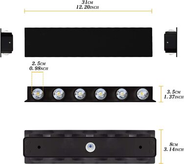 Світильник настінний LED BELLALICHT 12W, алюміній, IP54, тепле світло, чорний, для вітальні, спальні, коридору, сходів