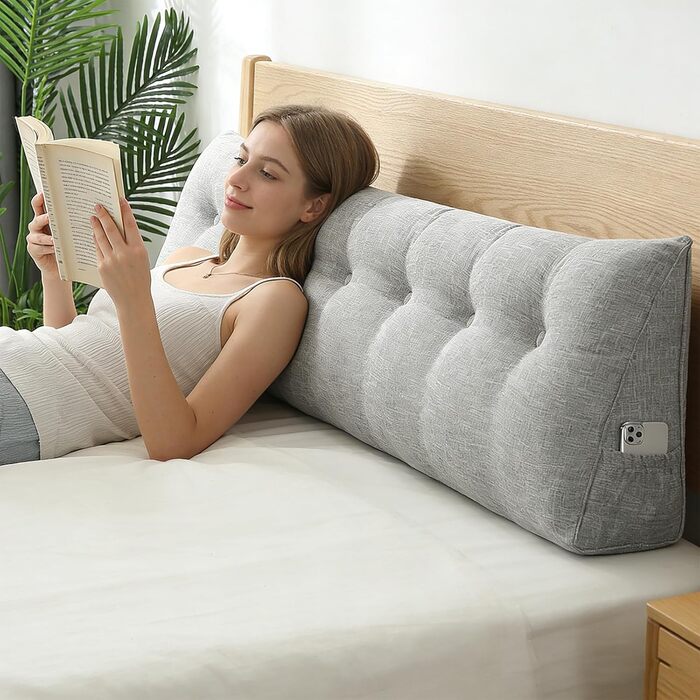 Подушка трикутна для спини OHMG 200x50x20 см світло-сіра з кишенею, для ліжка та дивана, знімний чохол