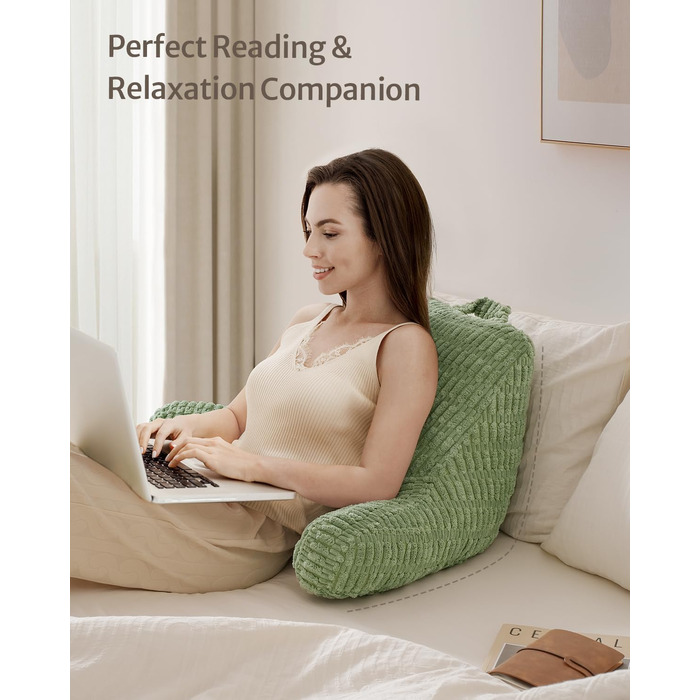 Подушка для читання Blissful Diary з піною Memory Foam для спини, для дорослих та дітей, для ліжка та дивана, з підлокітниками, кишенями, знімним чохлом, колір шавлії