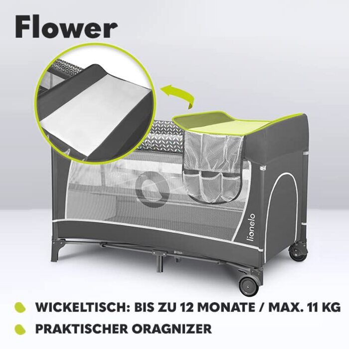 Дитяче ліжечко-манеж Lionelo Flower 4-в-1 з боковим входом, пеленатором, двома рівнями висоти, ігровою дугою, колесами та сумкою для перенесення