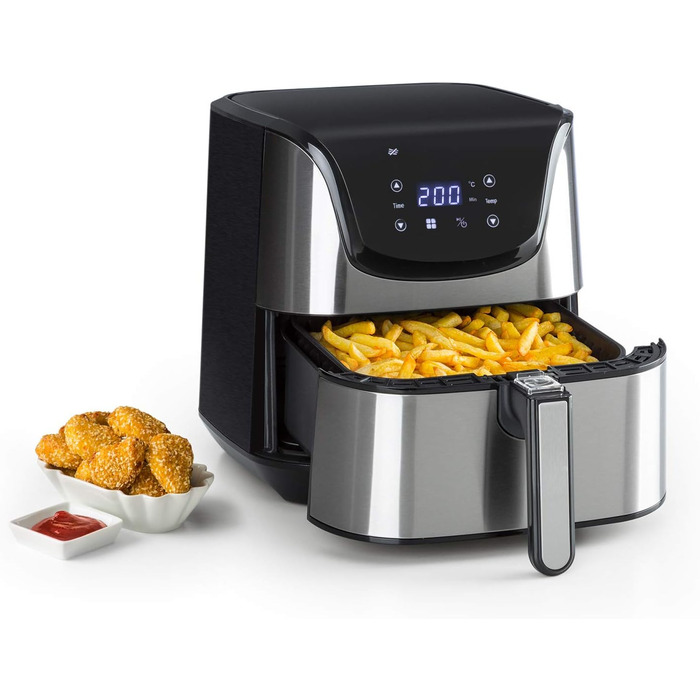 Аерофритюрниця Klarstein Aero Vital Deluxe, 1700 Вт, 5,4 л, з LCD-дисплеєм, 8 програм, з термостатом і таймером, нержавіюча сталь, срібляста, економна