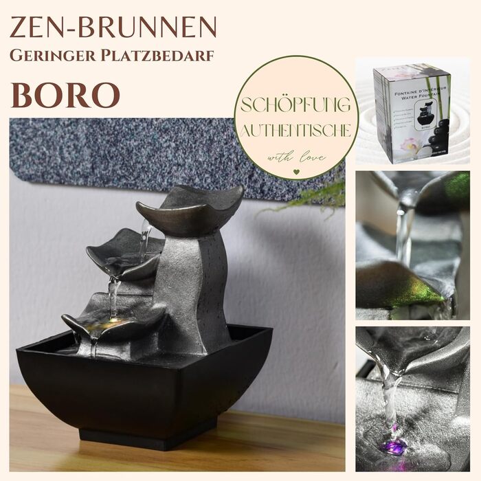Фонтан для дому Zen'Light Boro: розслаблюючий водоспад з LED-підсвіткою для вітальні, спальні, офісу. Ідеальний для медитації та релаксації. Замкнутий цикл, H 18 см