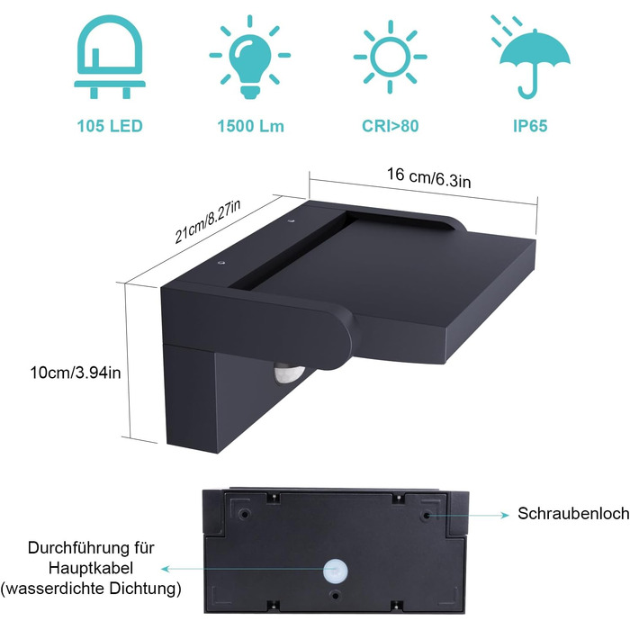 Світильник настінний вуличний Klighten 24W з датчиком руху, антрацит (RAL 7016), 3000K, IP65, 1500 Лм, алюміній