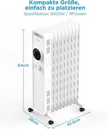 Масляний радіатор Midea NY2009-22M 2000Вт, 9 секцій, енергозберігаючий, безшумний, з термостатом, 3 режими нагріву, захист від перегріву і перекидання, ECO-режим, швидкий обігрів, портативний, білий, риб'ячий хребет