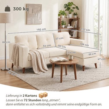 Кутовий диван Ecksofa (192 см), 3-місний, з реверсивним шезлонгом, велюр-кордуロイ, для маленьких кімнат, кремово-білий