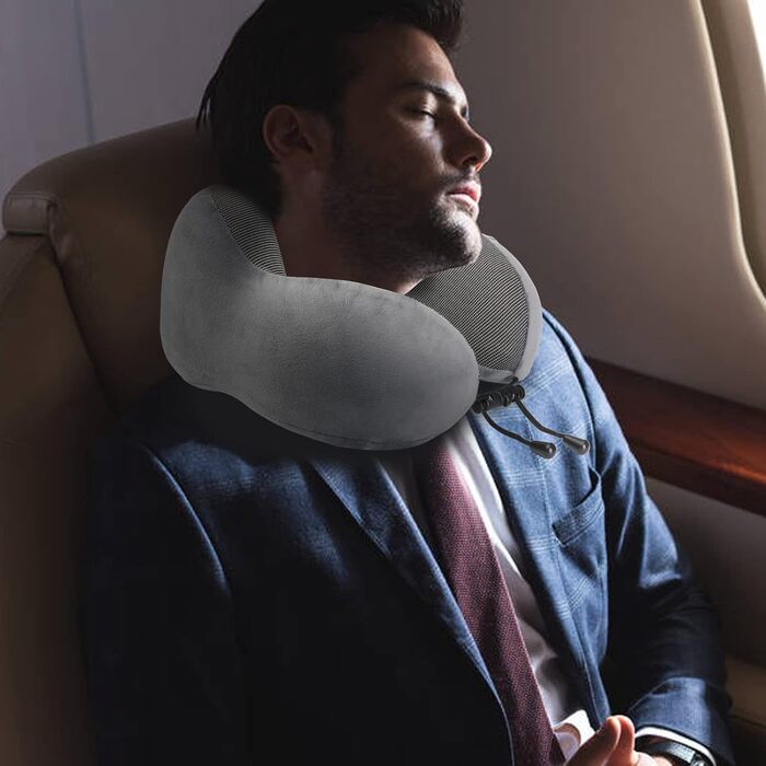 Ергономічна дорожня подушка для шиї Eono з ефектом пам'яті (Memory Foam) у комплекті з маскою для сну, берушами та сумкою, темно-сіра
