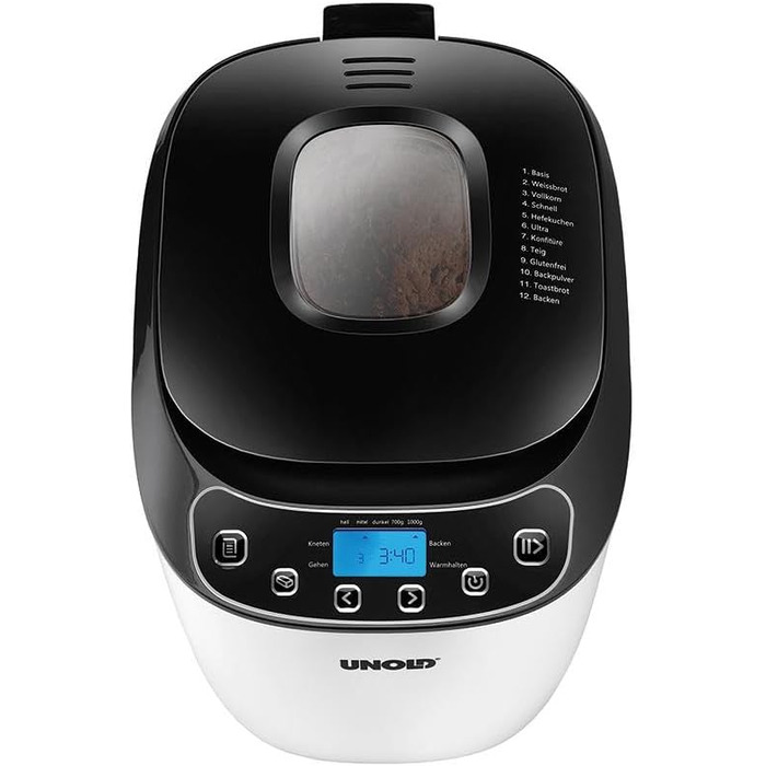 Хлібопічка Unold 68010 Backmeister Design, до 1 кг, 550 Вт, BPA-free, 12 програм, LCD, чорна-біла, термостійкий корпус