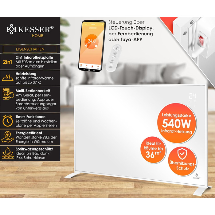 Енергоощадна інфрачервона електрообігрівач KESSER 540 Вт для підлоги та стіни з термостатом, пультом і керуванням через додаток, білий
