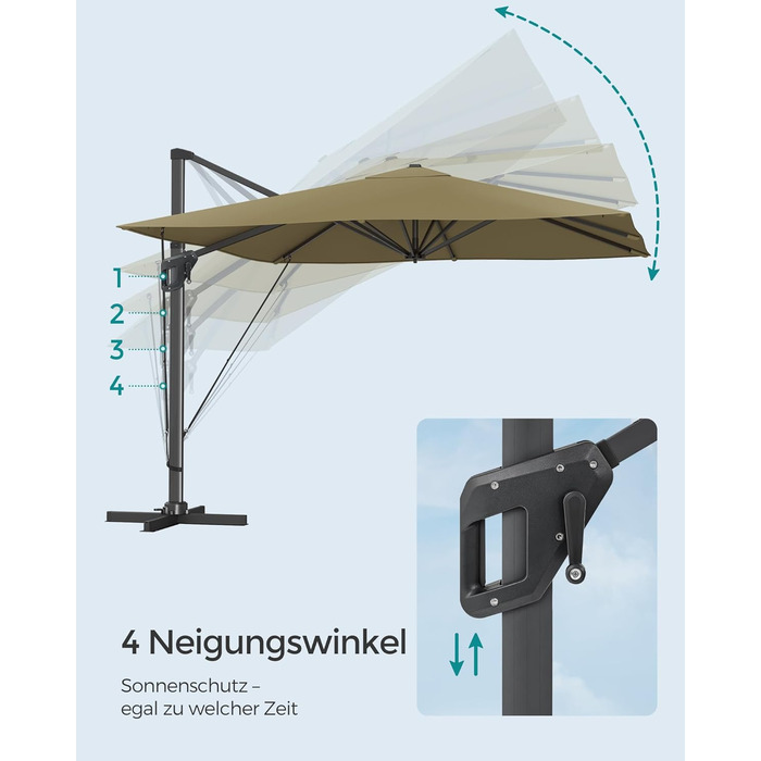 Парасоля для саду SONGMICS 290x290 см, ампельна, захист від UV UPF 50+, обертається на 360°, регулювання нахилу, зі стійкою, ременями та чохлом, колір лаврово-зелений
