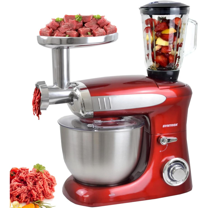 Кухонна машина Syntrox Deluxe 1300 Вт, міксер і м’ясорубка, багатофункціональний кухонний комбайн з насадками, червоний