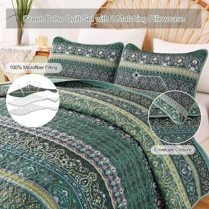 Покривало WONGS BEDDING 200x220 см, стьобане, 3 предмети, мікрофібра, зелений, з 2 наволочками 50x75, для двоспального ліжка та дивана, Boho стиль
