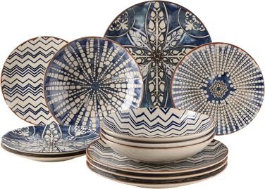 Сервіз обідній MÄSER Iberico Blue, 12 предметів, для 4 осіб, марокканський стиль, білі та сині тарілки зі візерунками, кам'яний посуд