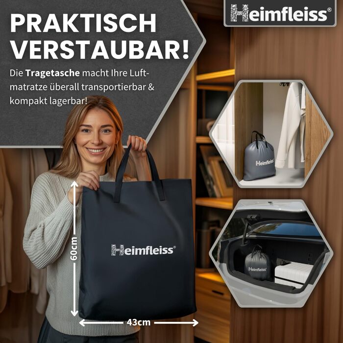 Надувний матрац самонадувний Heimfleiss® Premium 100x200 см | Матрац для гостей та кемпінгу | З насосом (2 особи, Чорний)