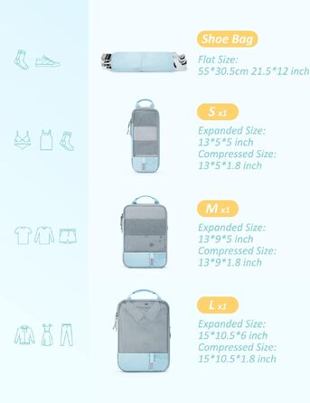 Набір компресійних органайзерів для подорожей Bagsmart, розширювані пакувальні куби для валізи та одягу, 4 шт, світло-блакитний