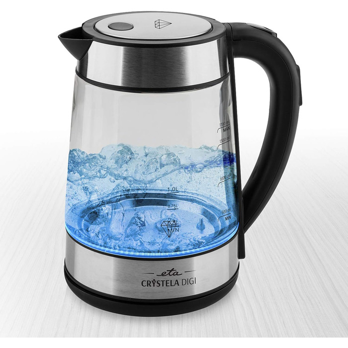 Скляний електрочайник ETA Crystela Digi з регулюванням температури 50-100°C, функцією підтримки тепла, 1.7 л, 2200 Вт