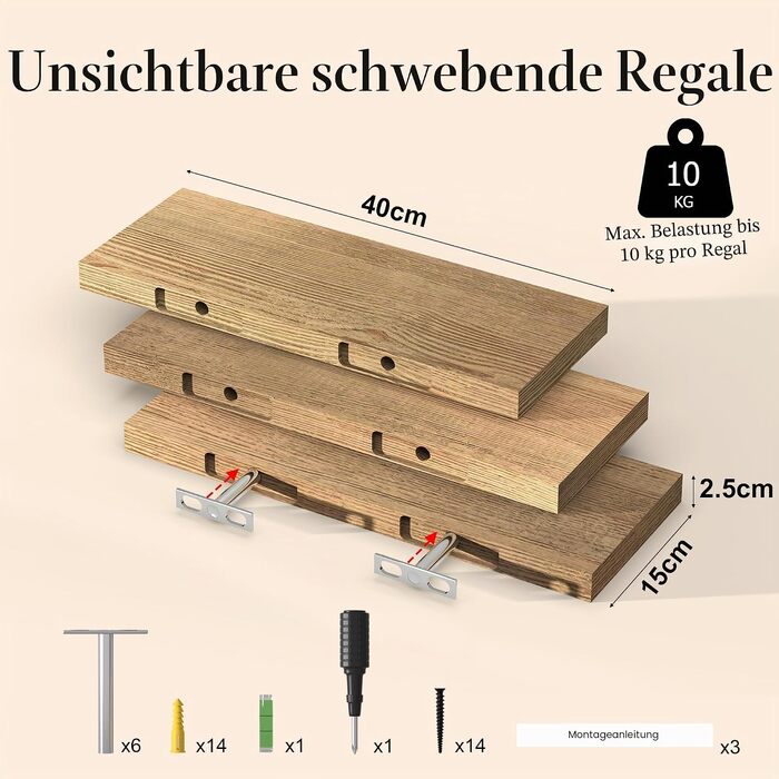 Набір полиць настінних Wyewye Wandregal Holz 3 шт., деревина, 40x15x2.5 см, для спальні, кухні, вітальні, офісу