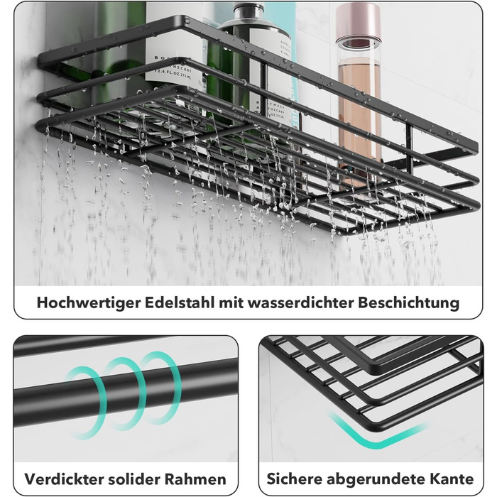 Полиця для душу без свердління, 2 шт, органайзер для ванної, металевий чорний тримач для шампуню, кухні та душу, з 2 клейкими основами, нержавіюча сталь