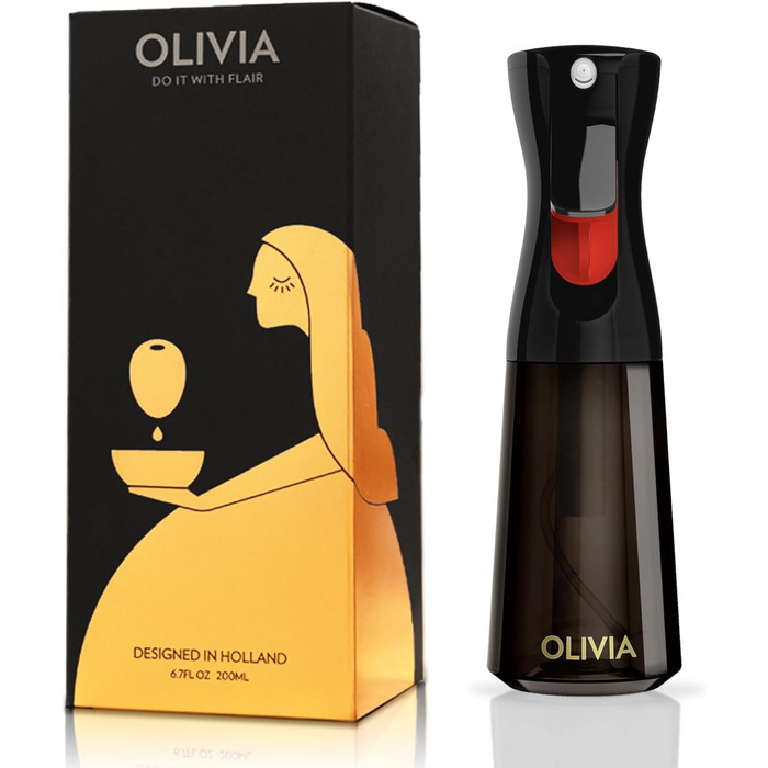 Скляний розпилювач для оливкової олії FLAIROSOL OLIVIA, 200 мл — дозатор для кухні з контролем порцій для фритюрниці, салатів та гриля (чорна пляшка)
