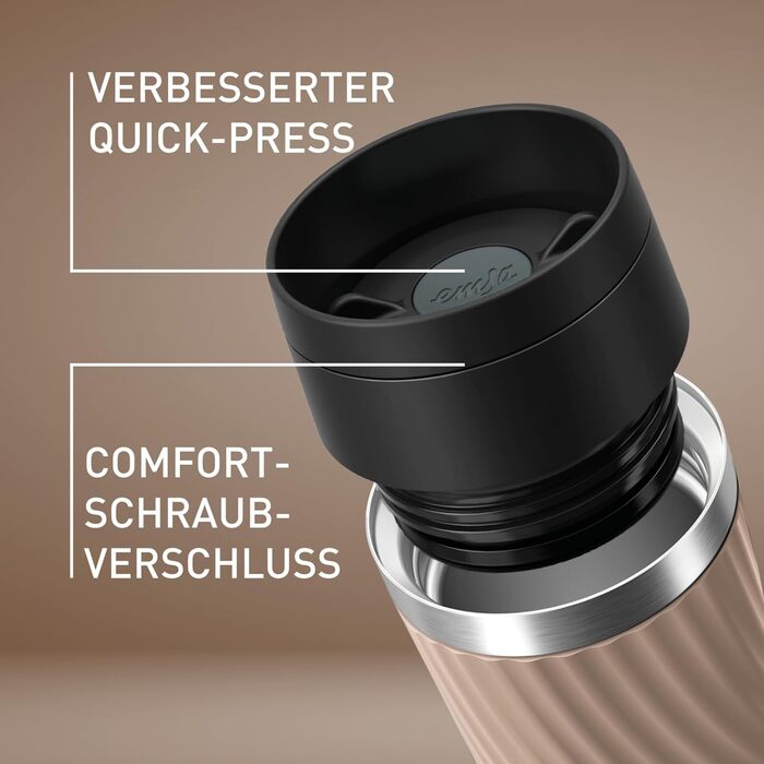 Термокружка Emsa Travel Mug Classic Twist, 0.36 л, коричнева, з кришкою Quick-Press, не протікає, для гарячих та холодних напоїв