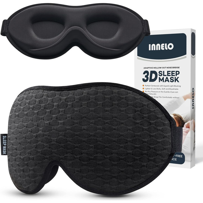 INNELO 3D маска для сну для чоловіків і жінок, чорна, з ергономічною формою, глибокими очними поглибленнями, підвищеним носовим упором, повне блокування світла, меморі фоам, дихаюча, для подорожей