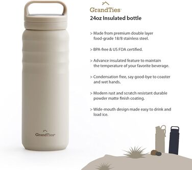 Термос-пляшка GrandTies зі сталі нержавіючої 709 мл (24oz) з вакуумною ізоляцією та 2 кришками, Ivory White